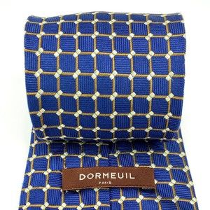 Dormeuil Paris Tie Blue Brown Beige Plaid Textured Woven 100% Silk Necktie 59"